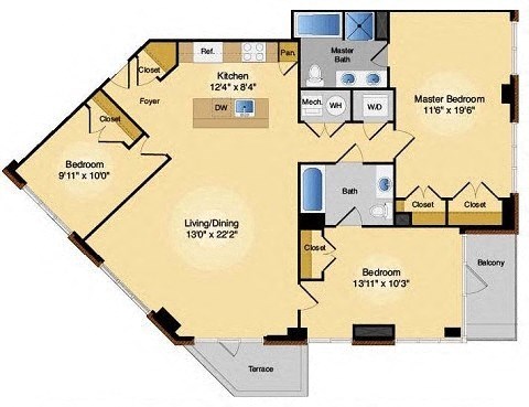 Floor plan for 3 beds, 2 baths, 1358 sqft